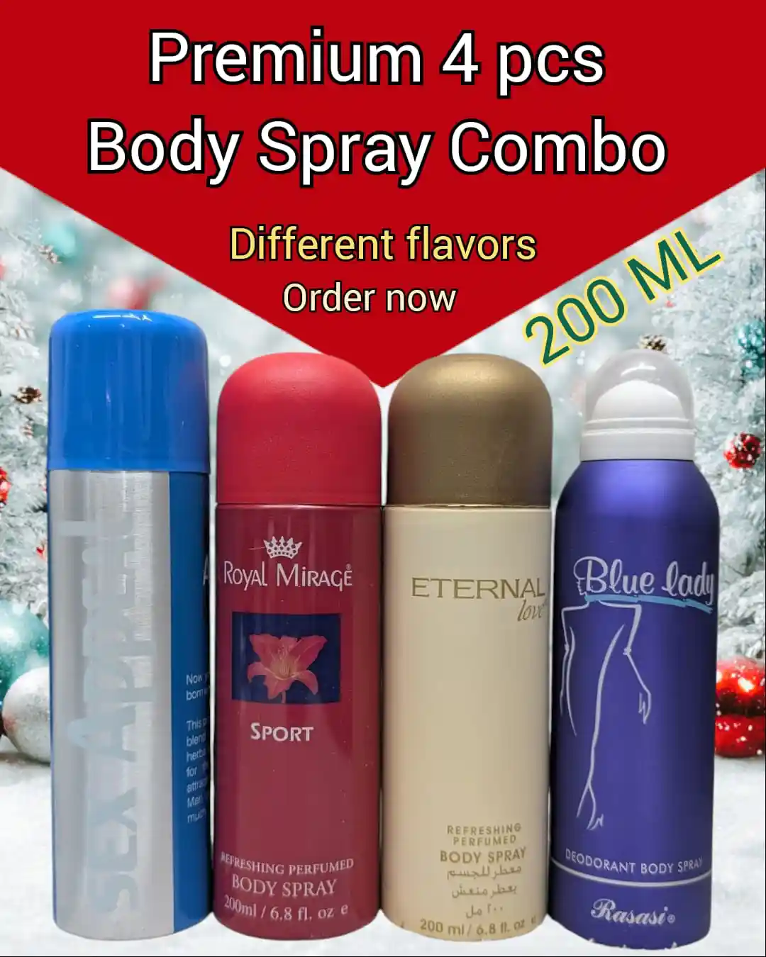 Premium 200 ml 4 pcs body spray combo (এখনি অর্ডার করলে পাবেন ঈদ অফার হোম ডেলিভারি চার্জ ফ্রী )